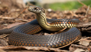 a snake sitting in a pile leaves