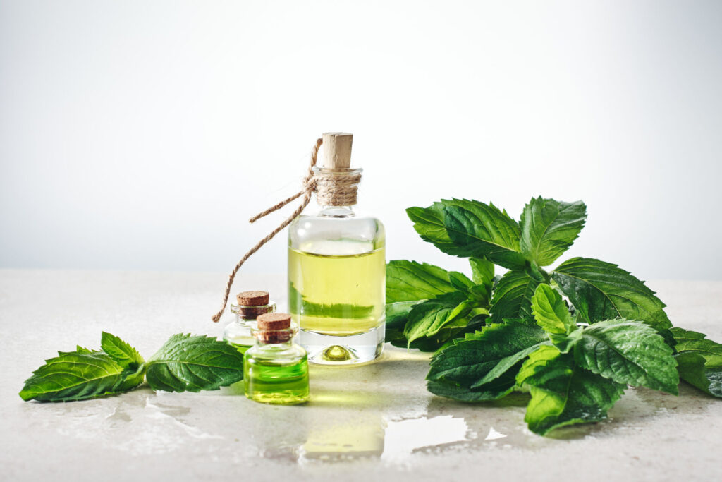 Peppermint essential oil and fresh mint leaves on a light background.